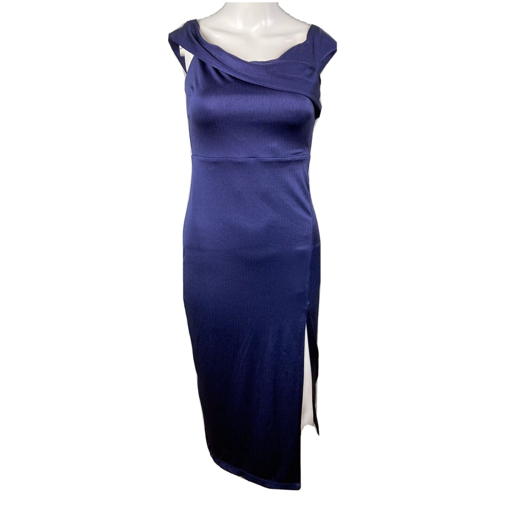 NWT Windsor Dress Womens Sz S Navy Blue Brook Off Shoulder High Slit Sheath Midi